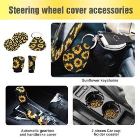 img 2 attached to 🌻 6-Piece Sunflower Car Accessories Set for Women - Universal Steering Wheel Cover with Gear Shift Cover, Handbrake Cover, Cup Holder Coaster, and Sunflower Keyring
