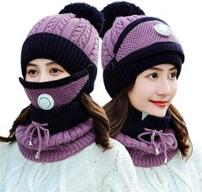 img 4 attached to Womens Pom Beanie Hat with Scarf and Mask Cover Set - Stay Warm and Stylish in Knitted Winter Beanie with Fleece Lining