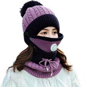 img 3 attached to Womens Pom Beanie Hat with Scarf and Mask Cover Set - Stay Warm and Stylish in Knitted Winter Beanie with Fleece Lining