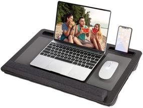 img 4 attached to 🖥️ Versatile Lap Desk: 17-inch WETOWE Laptop Desk with Dual Cushions, Wrist Rest, and Multiple Accessories - Perfect for Notebook, MacBook, Tablet - Wood Grain, Gray