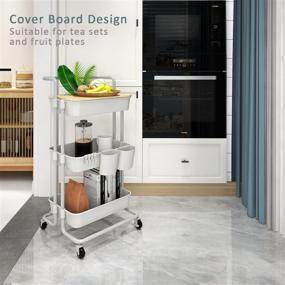 img 2 attached to 🛒 DTK 3 Tier Utility Rolling Cart with Cover Board - Organizational Rolling Storage Cart with Handle, Locking Wheels - Kitchen, Bathroom, Office, Balcony, Living Room - Grey Color
