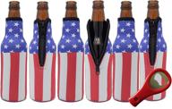 🍺 neoprene beer bottle sleeves (6 pack) with american flag design and bottle opener - fits 12 ounce glass beer bottles логотип