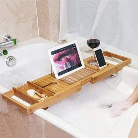 img 3 attached to Widousy Bamboo Bathtub Caddy Trays for Luxurious Bathing Experience with Extendable Sides, Built-in Reading Rack, Tablet Holder, Cell Phone Tray, and Elegant Wine Glass Holder