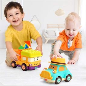 img 1 attached to INSOON Toddler Car and Truck Toys for 1-3 Year Old Boys and Girls – Baby Musical Car with Universal Wheels (2 Pack), Cartoon Car Toys for Boys and Girls