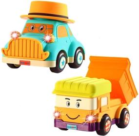 img 4 attached to INSOON Toddler Car and Truck Toys for 1-3 Year Old Boys and Girls – Baby Musical Car with Universal Wheels (2 Pack), Cartoon Car Toys for Boys and Girls