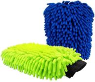 extra large car wash mitt - 2pack premium chenille microfiber wash glove – reusable and super soft – wet and dry – no lint scratch – green & blue logo