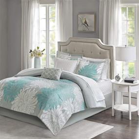 img 4 attached to 🌺 Madison Park Essentials Maible Cozy Bed in a Bag Comforter Set - Floral Medallion Damask Design, Complete Cotton Sheet Set, All Season Cover, Decorative Pillow Included - Queen Size (90 in x 90 in), Aqua/Gray