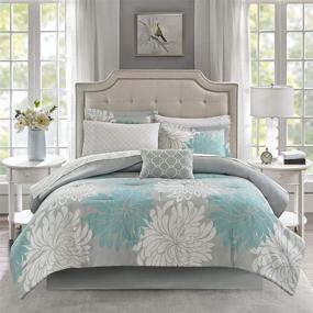 img 2 attached to 🌺 Madison Park Essentials Maible Cozy Bed in a Bag Comforter Set - Floral Medallion Damask Design, Complete Cotton Sheet Set, All Season Cover, Decorative Pillow Included - Queen Size (90 in x 90 in), Aqua/Gray