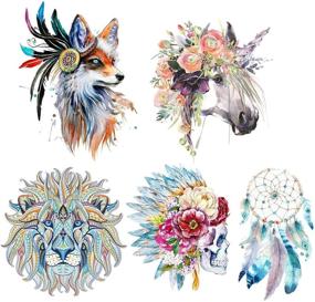 img 4 attached to MWOOT (Pack of 5) Large Unicorn Thermal Transfer Iron-On Patches - Flower Skull Pattern, Dreamcatcher, Wolf, Lion Patches - Heat Transfer Stickers for Women & Men's Clothing, T-Shirt