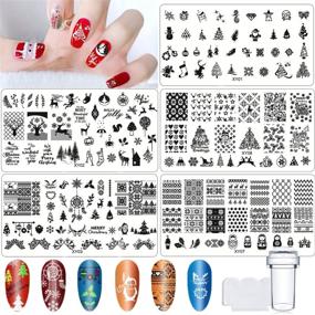 img 4 attached to Christmas Nail Stamper Kit: 5Pcs Xmas Nail Art Stamping Plates, 1 Silicone Stamper, 1 Scraper - Winter Snowflake, Snowman, Christmas Tree Designs - Stainless Steel Templates for Nail Art - Manicure Tools for Nail Art Designers