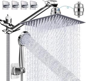 img 4 attached to 🚿 10" Rain Shower Head with Handheld Spray Combo: High Pressure Rainfall Showerheads with 11" Extension Arm, Filter for Hard Water & Chlorine, Hose & 4 Hooks - Square Dual Waterfall Shower Head