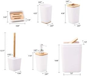 img 2 attached to KRALIX 6-Piece Bathroom Set - Plastic Accessories for Toothbrush, Rinse Cup, Soap Dish, Hand Sanitizer Bottle, Waste Bin, Toilet Brush with Holder - White/Bamboo