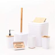 kralix 6-piece bathroom set - plastic accessories for toothbrush, rinse cup, soap dish, hand sanitizer bottle, waste bin, toilet brush with holder - white/bamboo logo