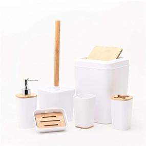 img 4 attached to KRALIX 6-Piece Bathroom Set - Plastic Accessories for Toothbrush, Rinse Cup, Soap Dish, Hand Sanitizer Bottle, Waste Bin, Toilet Brush with Holder - White/Bamboo