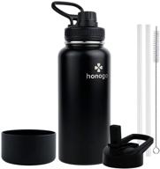 🧃 honogo 32 oz powder coated double wall vacuum insulated sports water bottle, 18/8 stainless steel wide mouth thermos flask with straw lid & spout lid, leakproof, sweat-free, bpa-free (black, 32 oz), seo-friendly logo