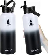 🥤 syacot 40 oz stainless steel water bottle - insulated double wall vacuum leak proof flask - metal thermo canteen mug with wide mouth and 2 straw lids (black/white) логотип