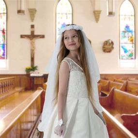 img 1 attached to 🌸 Girls First Communion Floral Wreath Veil: Elegant Holy White Pearls Center with Bow Headpiece for Flower Girls, Ideal for Weddings and Special Occasions