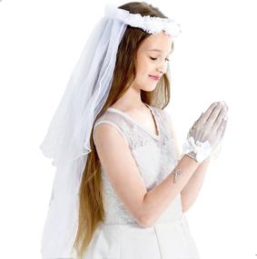 img 4 attached to 🌸 Girls First Communion Floral Wreath Veil: Elegant Holy White Pearls Center with Bow Headpiece for Flower Girls, Ideal for Weddings and Special Occasions