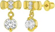 gold plated cubic zirconia bow safety screw back dangle earrings for toddlers & little girls - sparkling cz dangle earrings for girls - stylish accessories for special occasions logo