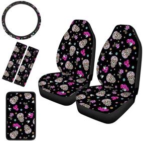 img 4 attached to Cozeyat Floral Sugar Skull Pigeon Print Automobile Seats Protector 2Pc With Steering Wheel Cover