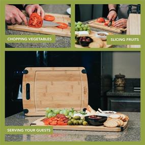 img 2 attached to 🥗 Olive's Kitchen Organic Bamboo Cutting Board Set (2 Pack) for Effortless Cooking - Versatile Reversible Cheese Board - Medium & X-Large Bamboo Boards for Non-Slip Kitchen Prep - Eco-Friendly Charcuterie Board