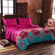 🌺 twin size reversible quilt set - lamejor tropical bohemian pattern 3-piece coverlet set - comforter set - bedspread microfiber fuchsia pink/turquoise blue logo