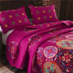 img 2 attached to 🌺 Twin Size Reversible Quilt Set - LAMEJOR Tropical Bohemian Pattern 3-Piece Coverlet Set - Comforter Set - Bedspread Microfiber Fuchsia Pink/Turquoise Blue