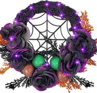 🎃 dazzle bright halloween wreath for front door, 20 led purple lighted halloween wreath decoration with glitter rose and ball, battery powered artificial wreath for indoor outdoor decor логотип