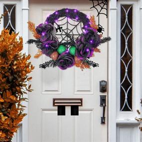 img 2 attached to 🎃 Dazzle Bright Halloween Wreath for Front Door, 20 LED Purple Lighted Halloween Wreath Decoration with Glitter Rose and Ball, Battery Powered Artificial Wreath for Indoor Outdoor Decor