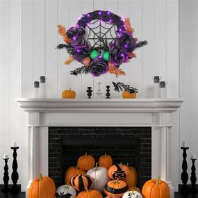 img 1 attached to 🎃 Dazzle Bright Halloween Wreath for Front Door, 20 LED Purple Lighted Halloween Wreath Decoration with Glitter Rose and Ball, Battery Powered Artificial Wreath for Indoor Outdoor Decor