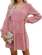 👗 btfbm women casual long sleeve v neck dresses: flowy plaid pleated mini dress for a loose fit and tunic-like comfort logo