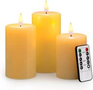 realistic flameless wax candles set of 3 with remote control, blue wick ivory, timer, flicker, dimmer - 3x4, 3x5, 3x6 inches логотип