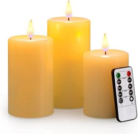 img 4 attached to Realistic Flameless Wax Candles Set of 3 with Remote Control, Blue Wick Ivory, Timer, Flicker, Dimmer - 3x4, 3x5, 3x6 Inches