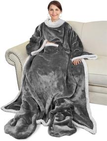 img 4 attached to Catalonia Sherpa Wearable Blanket with Sleeves & Foot Pockets for Adults, Unisex Comfy Snuggle Wrap Sleeved Throw Blanket Robe, Ideal Gift, Grey