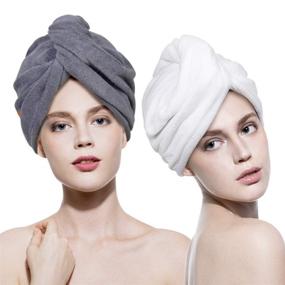 img 4 attached to 👩 2-Pack Microfiber Hair Towel Wraps 11"x26" - Quick Drying, Absorbent Turbans for Long Curly Hair, Anti-Frizz, Women (White/Grey)