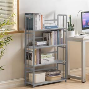 img 2 attached to IOTXY Adjustable Bamboo Open Bookshelf - Medium 3-Tier Free Standing Storage Rack, Multifunctional Display Stand for Home and Office, Bookcase - Light Grey