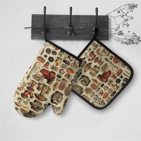 img 2 attached to 🍄 Набор варежек и прихваток с изображением винтажного искусства с грибами - жаропрочные и водонепроницаемые перчатки для кухни, выпечки и барбекю.