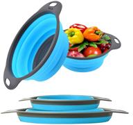 🍽️ space-saving collapsible colander set: dld food grade silicone kitchen strainer with foldable kits, 2 sizes - 8 inches (2 quarts) and 9.5 inches (3 quarts), in blue logo