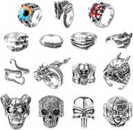 🔮 vintage punk rings set - 15pcs stainless steel gothic alloy biker rings, adjustable skeleton skull evil eye chinese dragon claw octopus dragon rings, fashion retro black silver antique jewelry logo