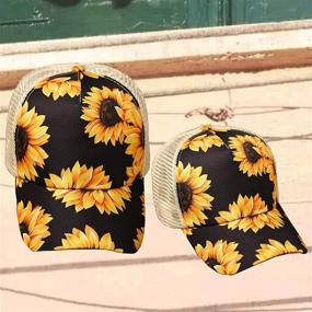 img 2 attached to Sunflower Unisex Baseball Cap with Mesh Splicing and Criss Cross Design, Ponytail Hole Sun Hat, Adjustable Vintage Distressed Dad Hat, Trucker Polo Hat with Strapback Cap - Off-White