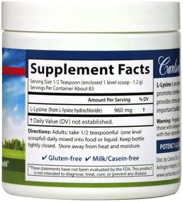 img 2 attached to Carlson L-Lysine Powder: 960 mg Free-Form Amino Acid for Healthy Tissue & Muscle Development, 3.53 oz (100 g)
