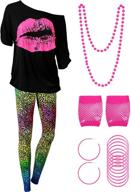 👗 retro 80s women costume set: t shirt, legging pants, earring, necklace, gloves bracelet - perfect for throwback parties and events! logo