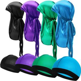 img 4 attached to 🧢 Silky Durag Caps - 8 Piece Elastic Wave Cap with Long Tail Headwraps, Wide Straps for Waves