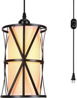 hmvpl farmhouse plug-in pendant light with dimmer switch - swag hanging lights, linen lampshade, ideal for dining room, bedroom, kitchen island, entryway table logo