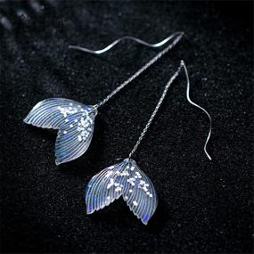 img 1 attached to 🧜 925 Sterling Silver Dainty Mermaid Tail Threader Earrings for Women and Girls | Ocean-inspired Acrylic Sequins Fishtail | Long Curved Line Wave Wire Drop Dangle Stud Earrings | Retro Birthday Cosplay Party Y2K Jewelry