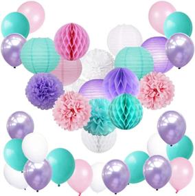 img 4 attached to 🦄 Enchanting Mermaid Unicorn Pastel Party Supplies & Decorations: Purple, Aqua, Pink, and White Set for Girls Birthday & Baby Shower - Unicorn Balloons, Tissue Pom Poms, Paper Lantern, Honey Comb Balls Pack