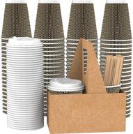 ☕ vanaki 85 sets - 12 oz disposable paper coffee cups with lids + wooden stirrers + [bonus] cup carriers - triple layer insulated togo hot cups - leak proof reusable paper cup and lid - fully recyclable: the ultimate coffee on-the-go solution! logo