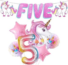 img 4 attached to 🦄 Unicorn 5th Birthday Decorations Girl - Glitter Five Banner, 40 Inch Number 5 Balloon, Giant 43 inch Unicorn Balloon: Perfect Unicorn Decorations for Birthday Party & Girls' Birthday Celebration