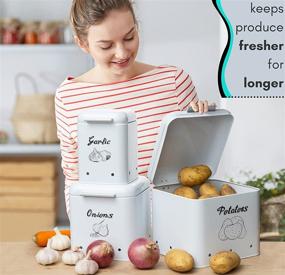 img 2 attached to 🥔 Pantry Organizer Set of 3 - Square Potato Onion Garlic Storage Bin with Lid - Vintage White Farmhouse Metal Containers - Kitchen Tin Vegetable Keeper - Counter Fresh Produce Canister Bins