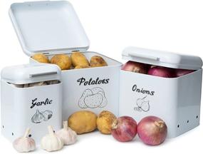 img 4 attached to 🥔 Pantry Organizer Set of 3 - Square Potato Onion Garlic Storage Bin with Lid - Vintage White Farmhouse Metal Containers - Kitchen Tin Vegetable Keeper - Counter Fresh Produce Canister Bins